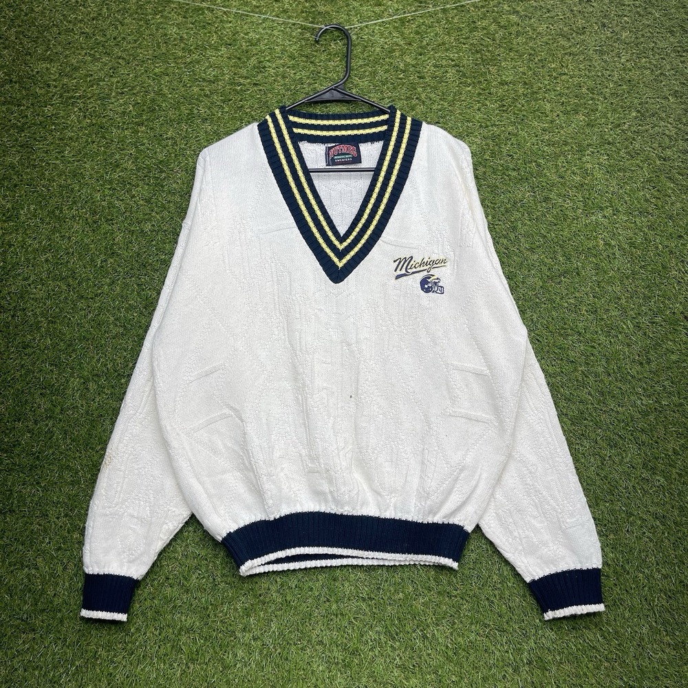 Michigan Wolverines Nutmeg Sweater Mens Large Cable Knit Vintage 90s V Neck
